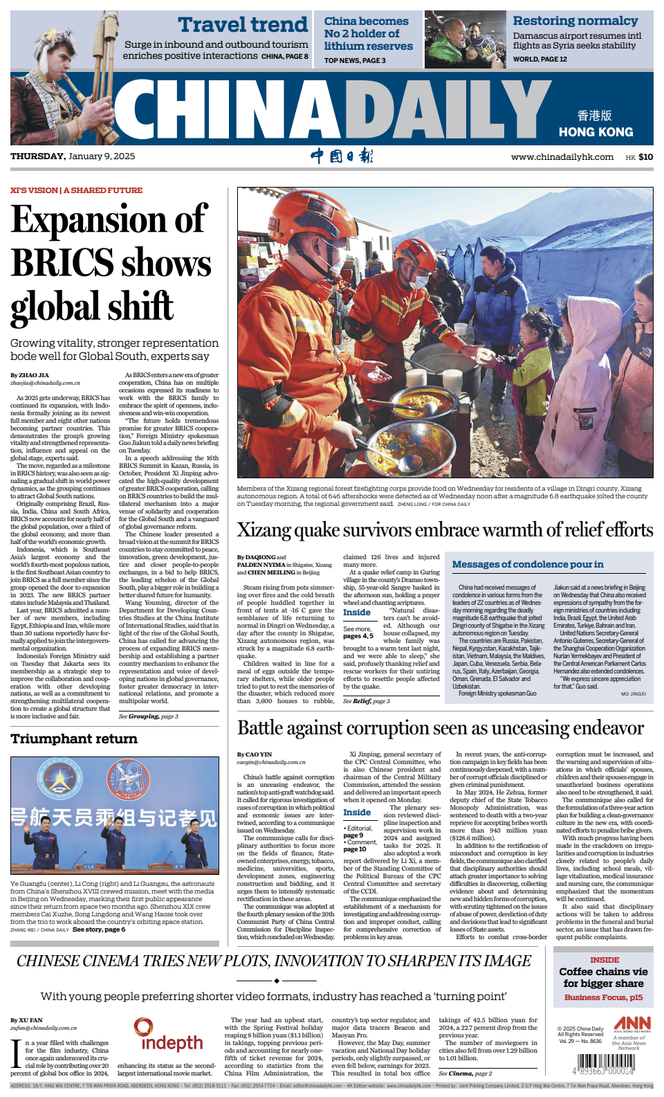 Prima-pagina-China Daily-oggi-edizione-di-oggi-20250109